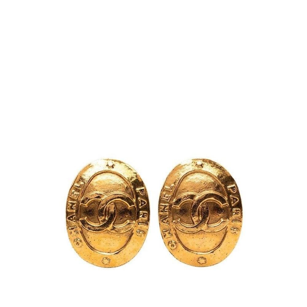 Chanel CC Logo Oval Plated Earrings Gold